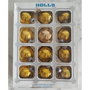Box of 12 Holly Shiny Gold Glass Christmas Ornaments 2 1/4" Diameter Vintage O20